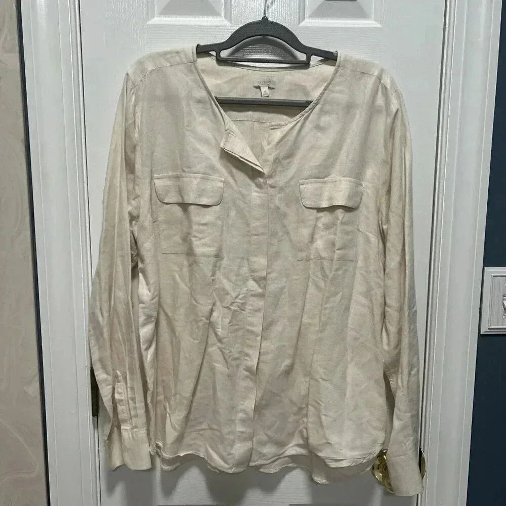 Talbot Womens XL Linen Blend Oatmeal Button Up Pockets Shirt Lagenlook